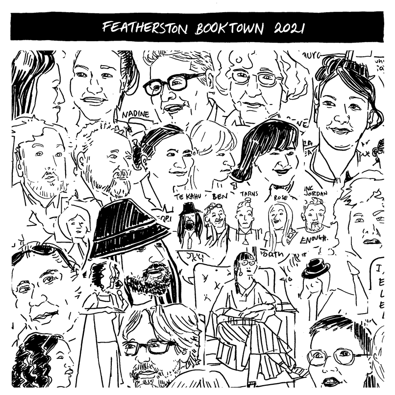 Featherston Booktown 2021 header with collage of drawings